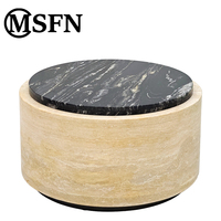 Table basse Wabi Sabi durable en travertin naturel avec base cylindrique et plateau rotatif en marbre noir pour salon/villa/hall d'hôtel
