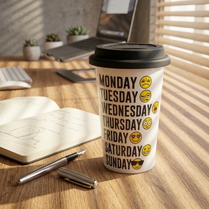 Tasses à café en porcelaine à double paroi avec couvercle, motif Days Design, blanches, populaires et abordables - Product Image 1