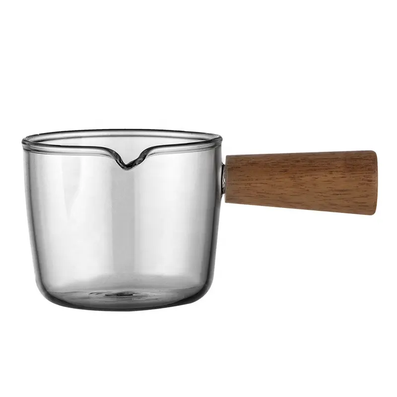 Großhandel Boro silikat glas Kleine Milch Tasse Holzgriff Butter Kaffeekanne Mit Ausguss