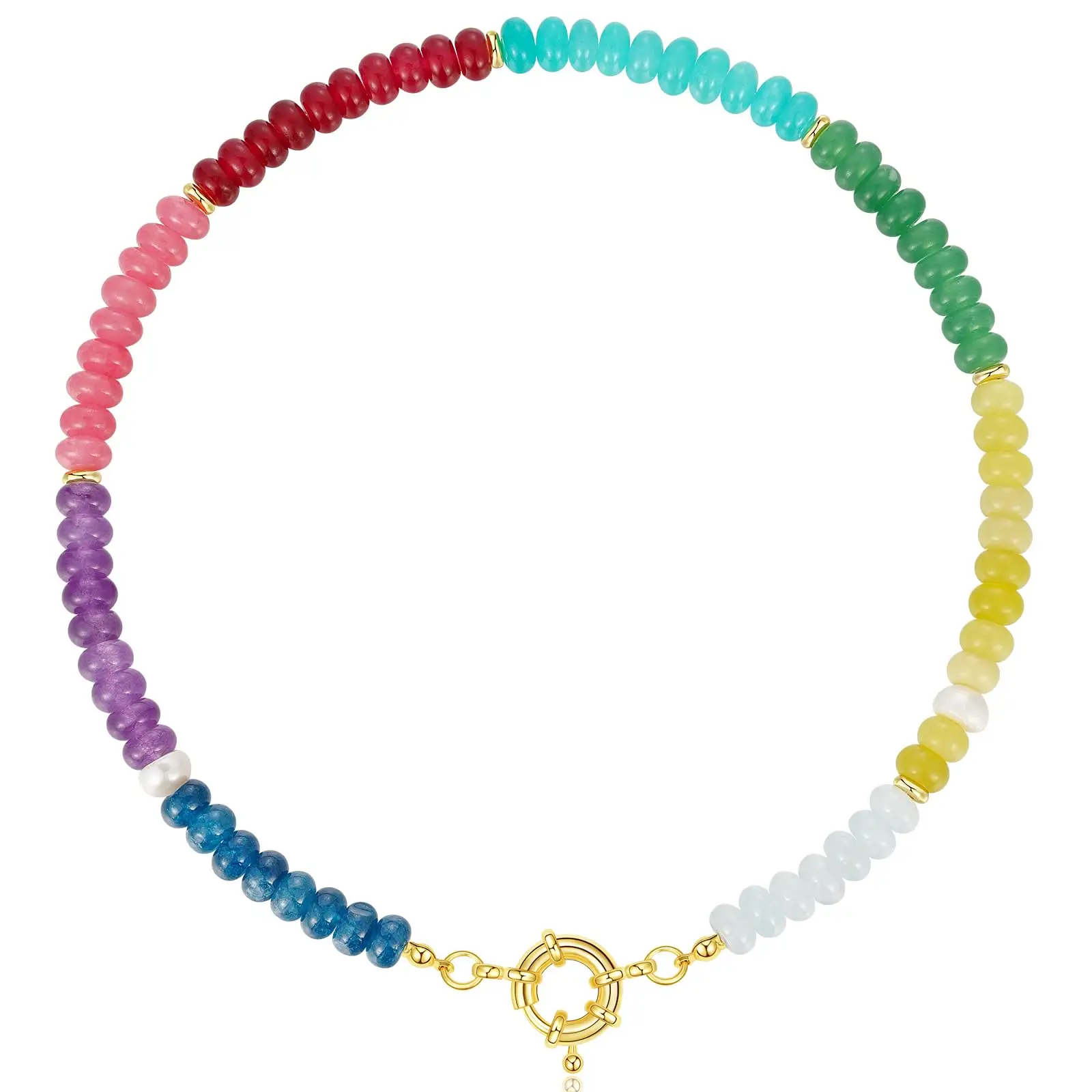 Vintage Flat Bead Multi Color Natural Stone Beaded Necklace Fashionable Rainbow Gemstone Choker Handmade Necklace Jewelry