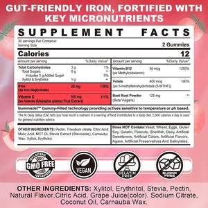 Vegan Iron Bisglycinate Gummies dengan Vitamin C & <span class=keywords><strong>B12</strong></span> suplemen dukungan energi Folate untuk wanita & Pria kekurangan besi - Product Image 2
