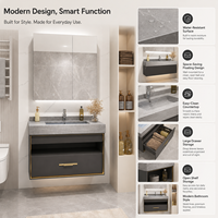 Set Meja Rias Kamar Mandi Modern yang Dipasang di Dinding dengan Kabinet Cermin LED, Wastafel Batu, dan Kabinet Penyimpanan