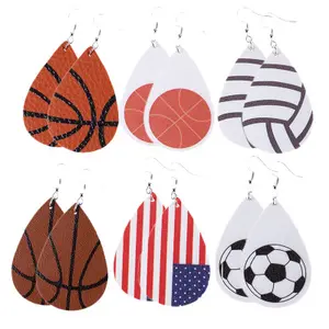 D1566 Anting-Anting Bendera Amerika Wanita, Anting-Anting Basket Bisbol Sepak Bola Kulit Imitasi