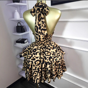 Abito <span class=keywords><strong>Corto</strong></span> Estivo da Donna Stile Europeo-Americano, Nuovo Modello Dolce con Stampa Leopardata, Senza Maniche, Collo Impero, Plissettato e Voluminoso - Product Image 3