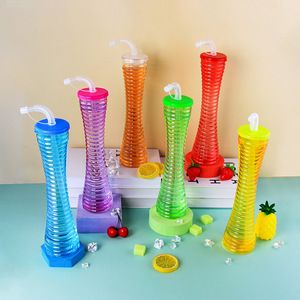 Bouteille d'eau en plastique PET avec logo personnalisé, motif cocotier, avec couvercle à paille, bouteille de jus jetable - Product Image 4