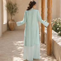 Ensemble Abaya Cardigan Ouvert en Chiffon Personnalisé OEM avec Bordure Strass et Perles, Robe Intérieure en Satin, Hijab – 3 Pièces, Robe Longue Modeste Musulmane pour l'Aïd