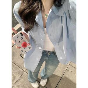 プラスサイズの女性用サマーブルーシャツ女性用赤身百本重ね着シャツの中にベース長袖ブラウス - Product Image 4