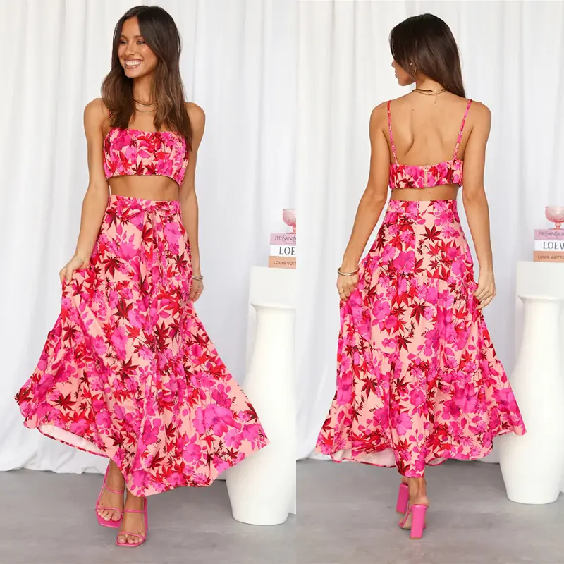 2023 sexy summer pink halter dresses ladies 2-piece set fashion flower dress suits for women