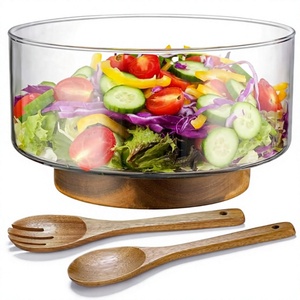 Bol à salade en verre avec base en bois, passe au lave-vaisselle, idéal pour les fêtes, design minimaliste - Product Image 4