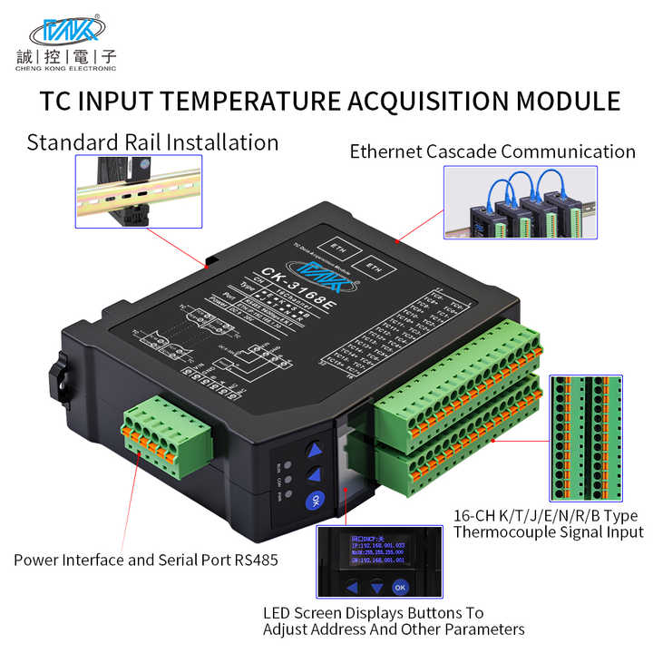 16-CH TC K-type Analog Temperature Control Data Acquisition Modbus Tcp ...