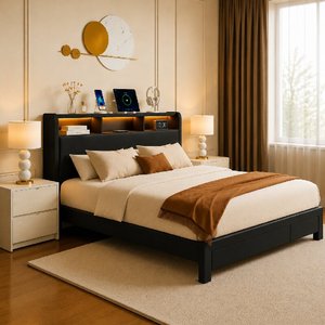 Cadre de lit rembourré Queen Size avec tiroirs de rangement, cadre de lit en métal avec éclairage LED et ports USB, ODM/OEM disponible - Product Image 2