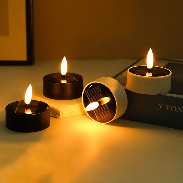 Mini Solar LED Tealight Candles Black Plastic Shell for Home Decoration Ramadan Diwali New Year Holidays for Halloween Decor
