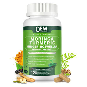 Capsules de Moringa Bio 1000mg OEM avec Curcuma, Gingembre, Baies d'ainronnier, Réglisse et Boswellia pour le Soutien Immunitaire, la Peau, l'Intestin et l'Antioxydation - Product Image 1