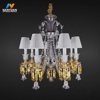 Lustre en cristal à 8 lumières avec abat-jour en tissu, télécommande réglable 3 couleurs pour salon, hôtel