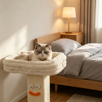Arbre à chat moderne d'intérieur avec griffoir en sisal, colonne carrée, grand nid douillet en peluche et motif visage souriant de dessin animé