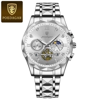 Montre à quartz pour homme, boîtier rond, cadran blanc, deux sous-cadrans, phase de lune, bracelet en acier argenté, style business