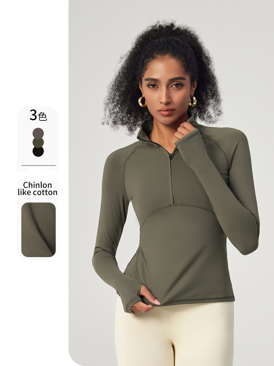 Women Autumn Winter High Neck Half Zip Yoga Top Slim Fit Long Sleeve Stand Collar Casual Outer Fitness Wear