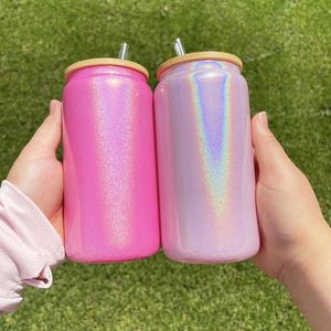 Vaso de Vidrio Sublimable de 16oz con Brillo Holográfico Blanco Arcoíris, con Tapas y Pajitas para Sublimación por Transferencia Térmica - Product Image 5