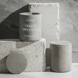 Hand Gemaakt Logo Gesneden Cement Kaars Cup Aromatherapie Soja Wax Beton Kaars Pot Met Deksel