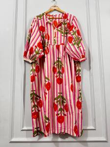 Robe d'été ethnique pour femme en coton écologique, rayée, à imprimé floral botanique, longueur genou, unie, faite à la main, coupe trapèze - Product Image 5