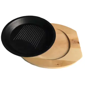 24厘米铸铁圆形餐厅牛排盘与木盘嘶嘶热板