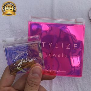 <b>Small</b> square 8x8cm Pvc Holographic Plastic Zipper <b>Bag</b> with <b>White</b> logo for Jewels Jewelry Packaging Pouch - Product Image 6