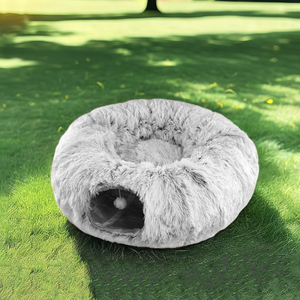 Long Fur Tunnel <b>Bed</b> Soft Plush <b>Nest</b> for Pets Collapsible and Foldable House with Central Mat - Product Image 1