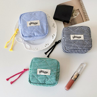 Sacs cosmétiques en tissu de coton écologique à carreaux miniatures avec logo personnalisé, fermeture éclair, sacs portables pour écouteurs, porte-monnaie mignon