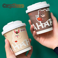 Gobelet à café jetable en papier à double paroi, écologique, à thème de dessin animé, imprimé sur mesure, avec couvercles, 10 oz, 12 oz, 16 oz