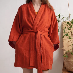 <span class=keywords><strong>Kimono</strong></span> di lino corto da <span class=keywords><strong>donna</strong></span> personalizzato abito da salotto in lino morbido abito da bagno corto in lino lavato - Product Image 2