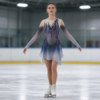 Robe de patinage et de danse dégradé gris-bleu, maille nude, manches longues, ligne de strass en forme de rose, pour enfants et adultes, compétition et performance
