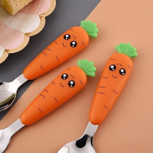 Cà rốt thiết kế thiết lập dao kéo cho trẻ em cấp thực phẩm Silicone 304 thép không gỉ ngắn xử lý bé muỗng ngã ba cho ăn uống tại nhà - Product Image 4