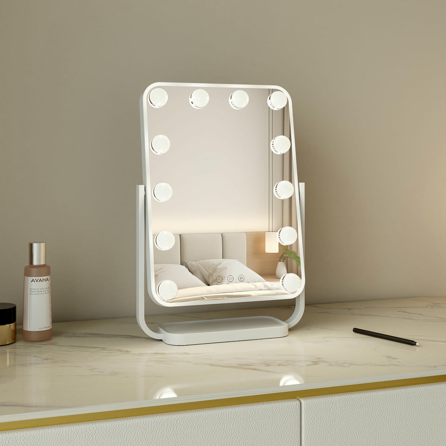 Miroir De Maquillage Avec Lumière LED - 3 Couleurs & Intensité Variable, Miroir Grossissant 10x Amovible - Blanc, Design Hollywood