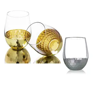 Premium Crystal Modern Wine Glasses Stemless Hammered Brass Metal Bottom Gold Silver Hammered Stemless Wine Glasses Tumbler