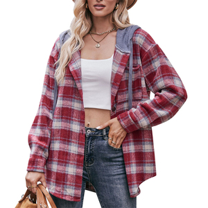 Großhandel Mode Flanell Plaid Mantel Kapuze <span class=keywords><strong>Casual</strong></span> Bluse für Frauen Herbst und Winter Bluse Femme - Product Image 4