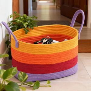 Panier de rangement en corde de coton tissée multicolore rectangulaire moderne en gros, poignées écologiques, panier à linge pour la crèche, jouets, couvertures - Product Image 3