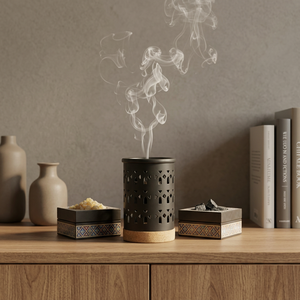 Brûleur d'encens apaisant en métal avec découpes géométriques, diffuseur d'aromathérapie, design décoratif toutes saisons, encensoir méditatif - Product Image 1