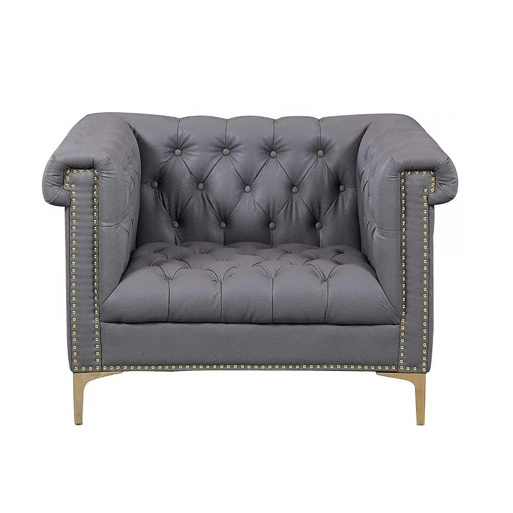 Retro Modern Upholstery Dark Grey Tufted Couches Grey Leather Chesterfield Armchair Sofa for Sale