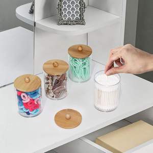 Organisateur de cosmétiques moderne en plastique transparent écologique avec couvercles en bambou, distributeur de cotons-tiges, distributeur de boules de coton, distributeur de fil dentaire, pour salle de bain et maquillage - Product Image 4