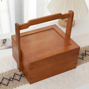 กล่องไม้เนื้อแข็ง 28x19.5x30 ซม. ตะกร้าเก็บของปิคนิคแบบพกพา 2 ชั้น สไตล์วินเทจ สำหรับใช้กลางแจ้ง - Product Image 1