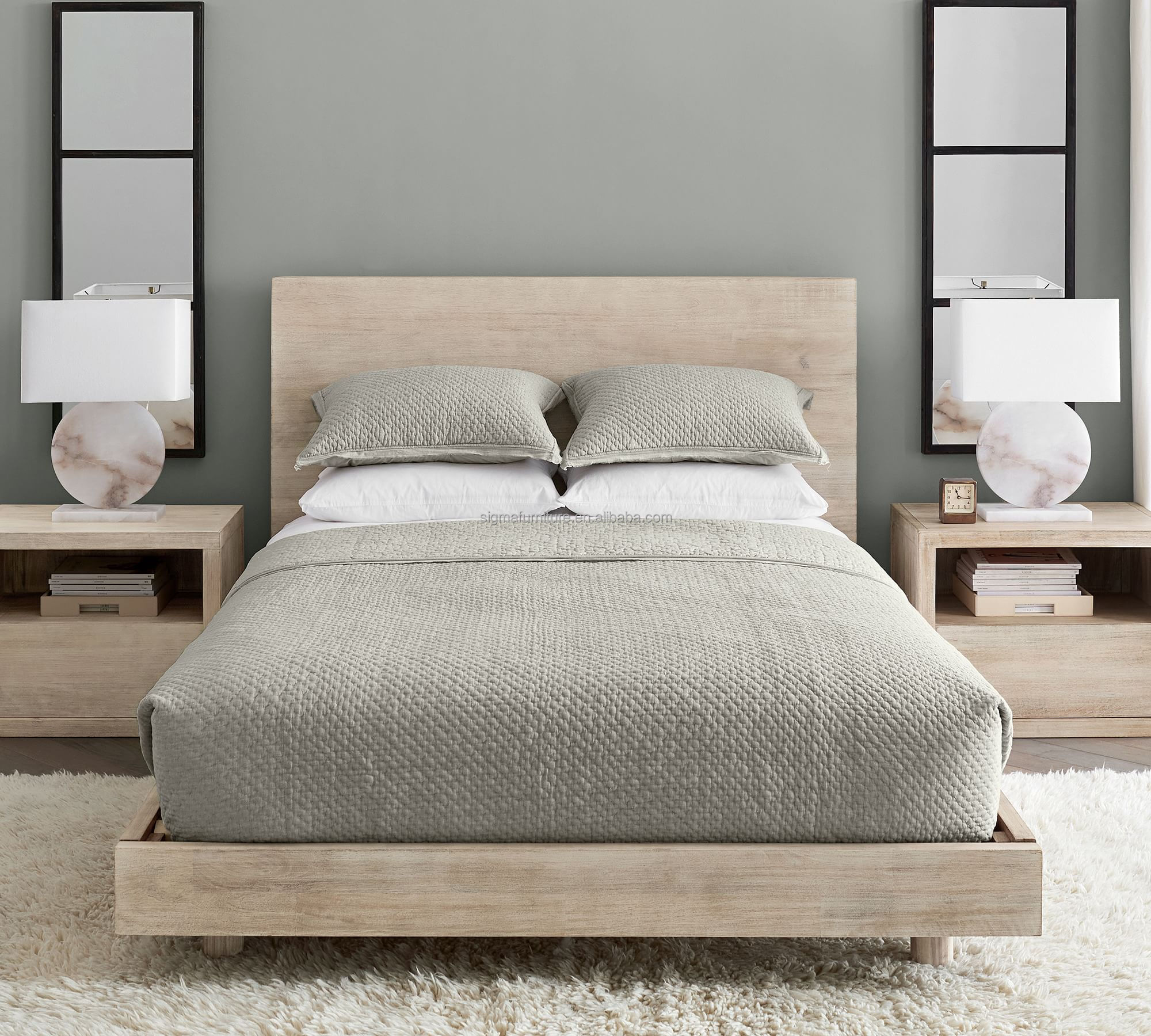 Modern  luxury farmhouse style full size wooden platform high headboard  bed