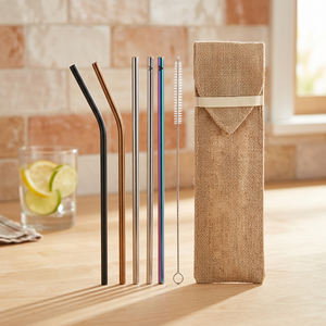 Reusable Metal <b>Drinking</b> <b>Straws</b> Set with Cleaning Brush and Mesh Pouch 5-Pack Minimalist Travel Design - Product Image 5
