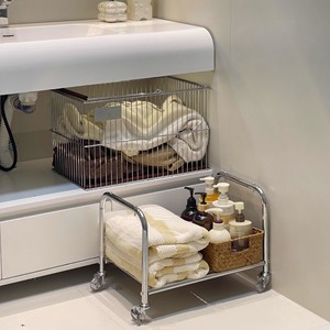 Vintage Style Laundry <b>Basket</b> Trolley Silver Four-Wheel Portable Storage Rack Bathroom Use - Product Image 4
