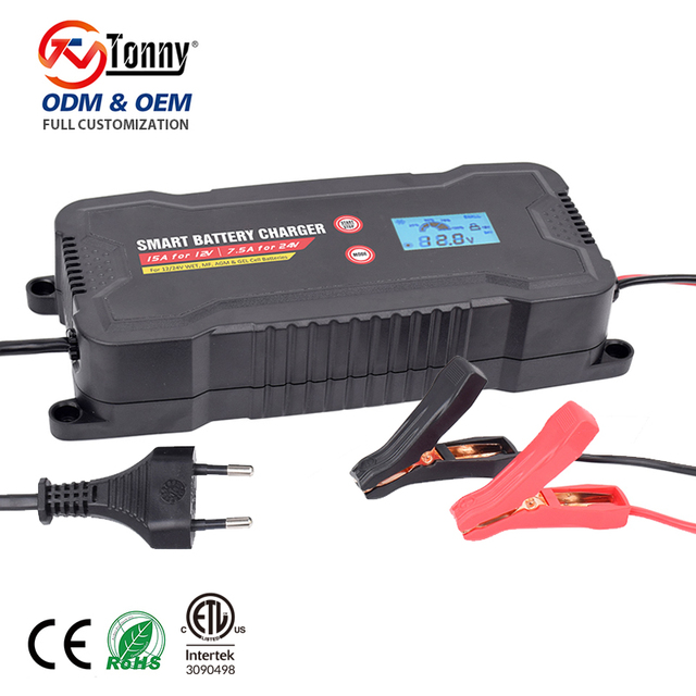 15A 12V/24V Smart Car Battery Charger with LCD Screen - High-Power Lead-Acid Charger for Trucks and Boats