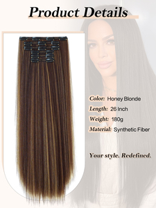 สีน้ำตาลเข้มไฮไลท์สีทอง ผมตรงยาวแบบไหมสังเคราะห์ ต่อผมแบบคลิป 6 ชิ้น ชุดเส้นใยสังเคราะห์ ยาว 26 นิ้ว - Product Image 4