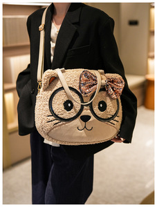 Bolso de invierno 2026 de felpa para mujer, lindo bolso de oso con gafas de sol, bolso de animales, bolso grande de cabeza de gato de auténtica lana de cordero - Product Image 2