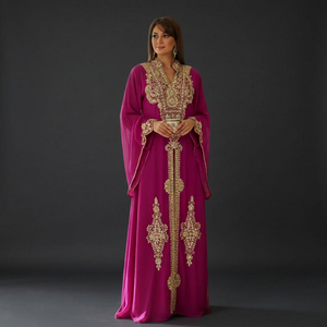 Awais House Women's Purple Embroidered Abaya Long Sleeve Floor Length Modest Dress V Neck Middle East Wedding Eid Wear - Product Image 1
