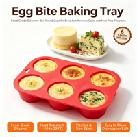 Moule à œufs en silicone alimentaire, six cavités rondes, compatible lave-vaisselle et four, idéal pour les portions petit-déjeuner, les cafés et les programmes de préparation de repas