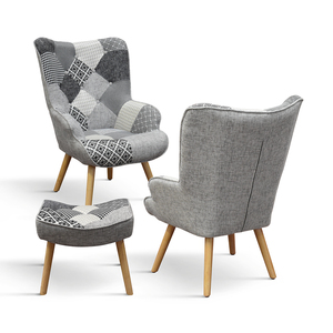 Fauteuil Ludovica avec repose-pieds, tissu gris, noir et blanc, pieds en bois, ensemble de chaises pour salon intérieur - Product Image 2