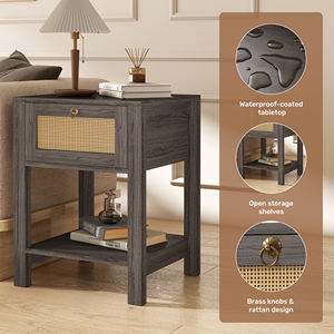 Table de chevet moderne en bois écologique faite à la main avec tiroir, étagère de rangement ouverte, plateau imperméable et bouton en laiton pour appartement et hôtel - Product Image 4